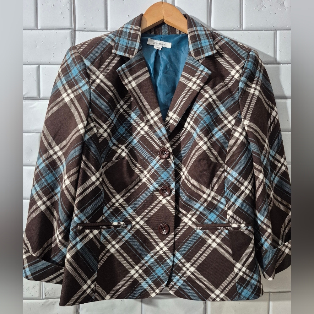 Dressbarn Ladies Brown Turquoise Blue Plaid Blazer Lined 3 Button Closure 3/4 Sl